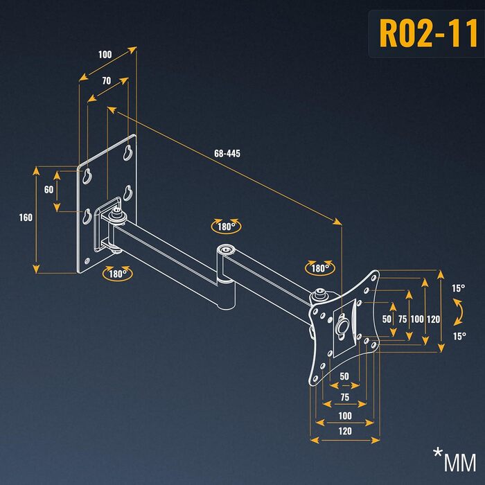 Кріплення для монітора на стіну RICOO S1211: поворотне, для моніторів 13-34 дюймів, VESA 75x100, підходить для вигнутих моніторів