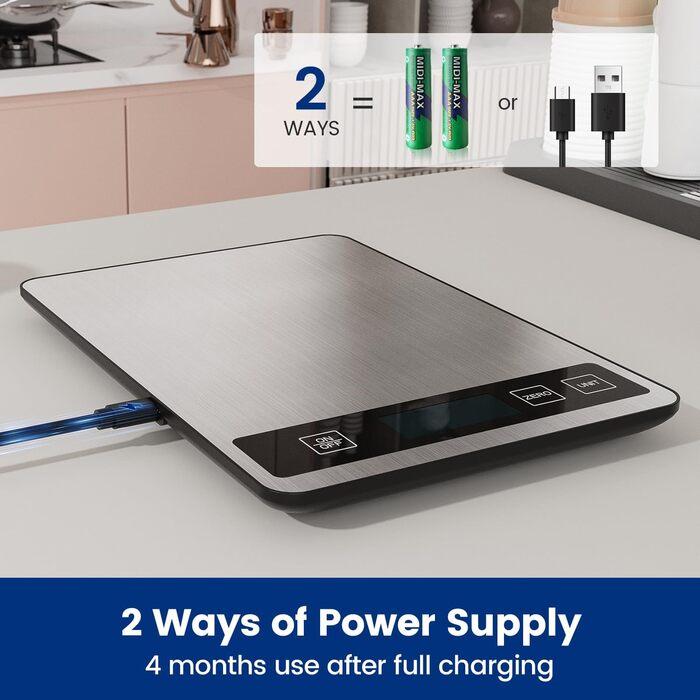 Кухонні ваги цифрові, USB-C, 15 кг, точність 1 г, харчові, професійні, срібні