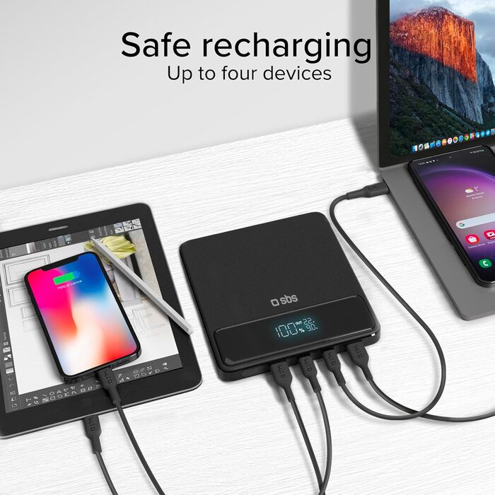 PowerBank SBS 20000 mAh 100W з LCD-дисплеєм: заряд для ноутбука, телефону, планшета, MacBook, iPad