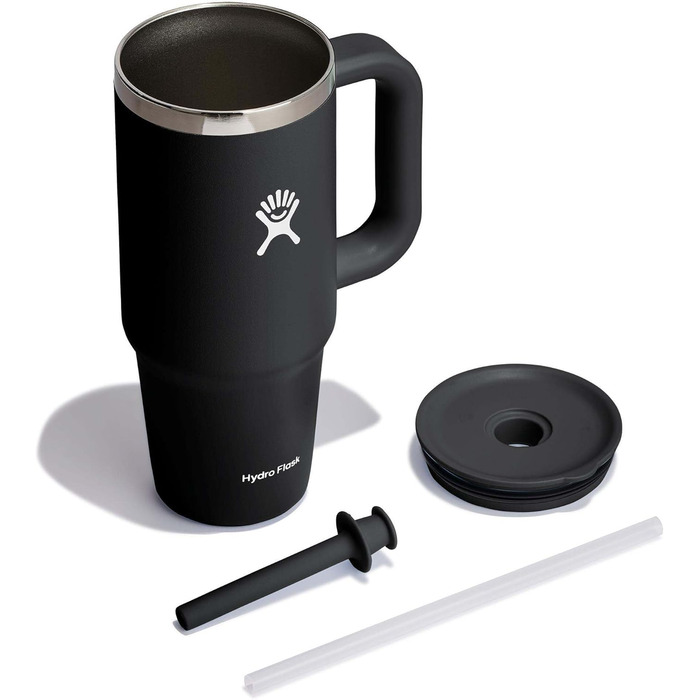 HYDRO FLASK - Travel Tumbler 709ml (24oz) with a Press-In Straw Lid - Stainless Steel - Double-Wall Vacuum Insulation - Splash-Proof Lid - Black