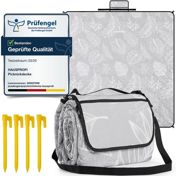 Плед для пікніка HAUSPROFI 200x300 см, водонепроникний, ізольований, XXL. Для пікніка, пляжу, кемпінгу. З бавовняним наповнювачем, ручкою для перенесення та кілочками. Змивний, зберігає форму (листя, 200x300 см)