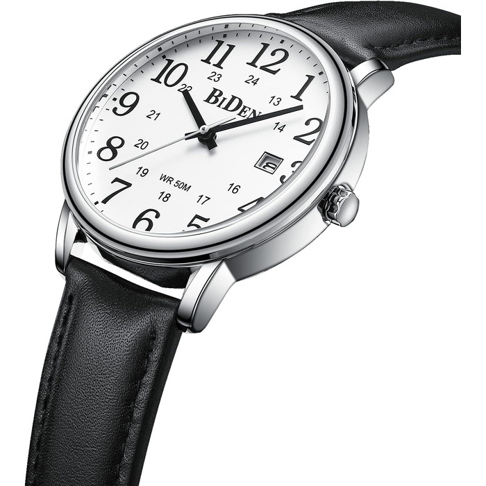 HANPOSH Годинники чоловічі, аналогові кварцові годинники для чоловіків, водостійкі годинники на зап'ясті, модні бізнес-годинники з датою, шкіряний ремінець, срібний колір, білий циферблат