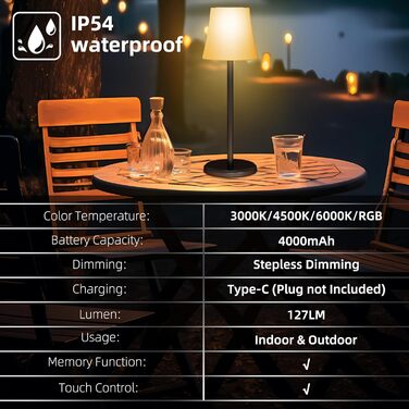 Настільна LED лампа бездротова акумуляторна з димером та RGB підсвіткою, сенсорне управління, водонепроникна IP54 для дому, офісу, ресторану