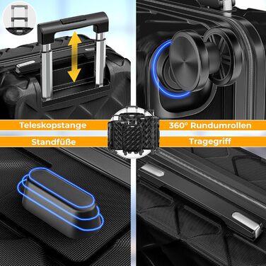Набір валіз KESSER® 4 шт. | ABS валізи з кодовим замком, ваговою шалькою та органайзером для документів, 360° обертання | Ручна поклажа та великі валізи для подорожей та бізнесу (Чорний)