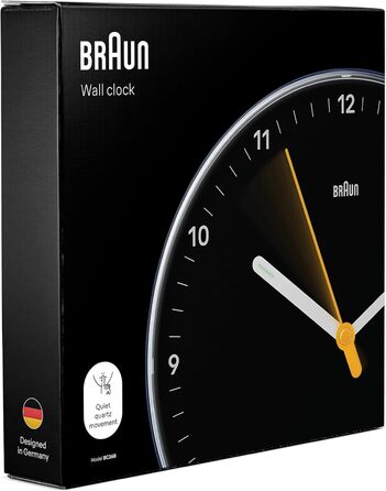 Braun Classic Analog Wall Clock with Silent Quartz Movement, Easy to Read, 23 cm Diameter in Black, Model BC26B.