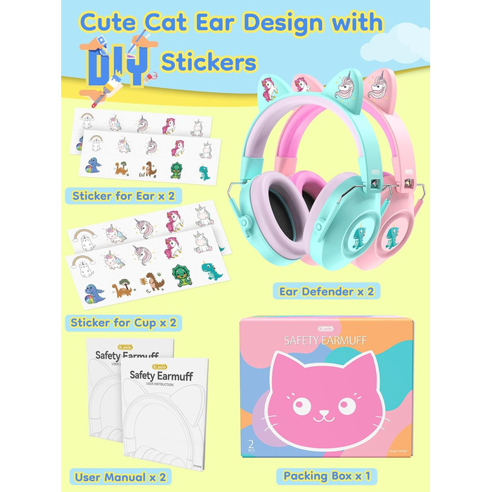 Навушники захисні дитячі Dr.meter SNR 32dB, захист від шуму для дітей з аутизмом, концерти, авіашоу (2 шт. зелені та рожеві)