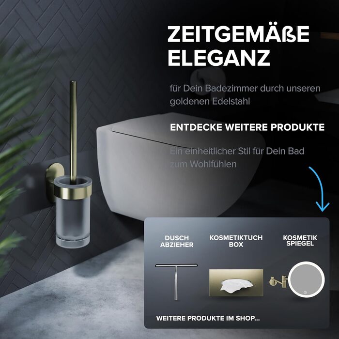 Набір для чищення унітазу Ovimar Finnkona: щітка, кріплення на стіну без свердління, силіконова щітка, вентиляція, нержавіюча сталь з порошковим покриттям, змінний насадок (золотий, клейкий)