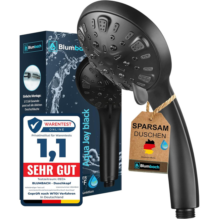 BLUMBACH® Water-Saving Shower Head - High-Pressure Aqua Joy Shower Head - 8 Spray Patterns, Pressure-Boosting Shower Head, Shower Head, Water-Saving Shower Head, High Water Pressure Strong Jet (8L/Min. 8 Spray Patterns / Water-Saving Shower Head Black)