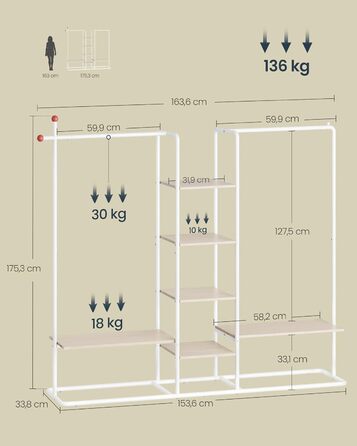 SONGMICS Стійка для одягу з відкритими полицями, 6 поличок, 2 перекладини, гачки, для спальні, приглушено-бежевий + матовий білий, RGR012K01