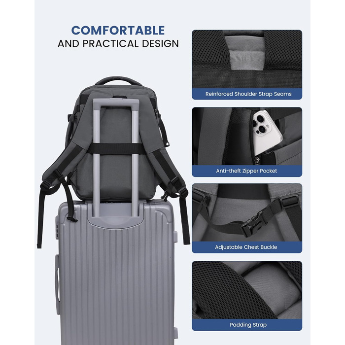 LOVEVOOK Рюкзак для подорожей, ручна поклажа, 40x30x20 см, 24л, для ноутбука 14 дюймів, сірий