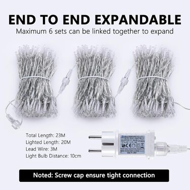 Льонокомірка LED 200 шт., 20 м, на батарейках з таймером, 8 режимів, вологостійка, тепле біле світло, для декору саду, вечірки, весілля, внутрішнього та зовнішнього використання, прозорий кабель