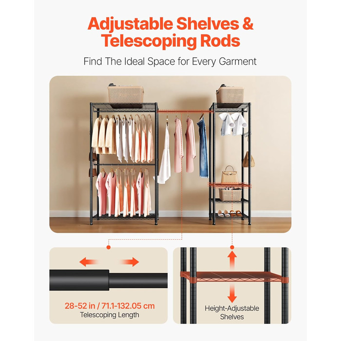 Вешалка для одягу VEVOR з 4 перекладинами, 8 гачками та 6 полицями, 385,5 кг вантажопідйомність, відкрита шафа для одягу