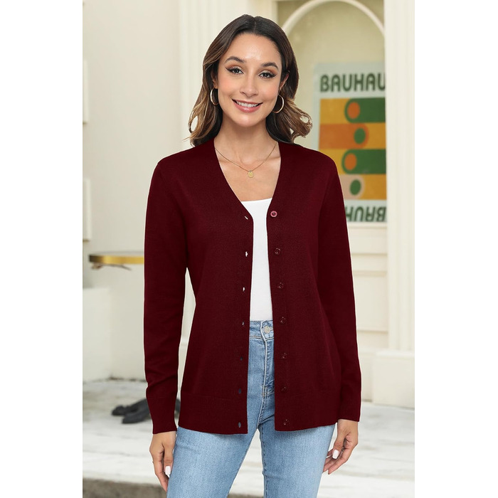 Жіноча легка в'язана жилетка з довгим рукавом, в'язаний пуловер з V-подібним вирізом, вінтажна класична жилетка на ґудзиках (L, Бордовий)
