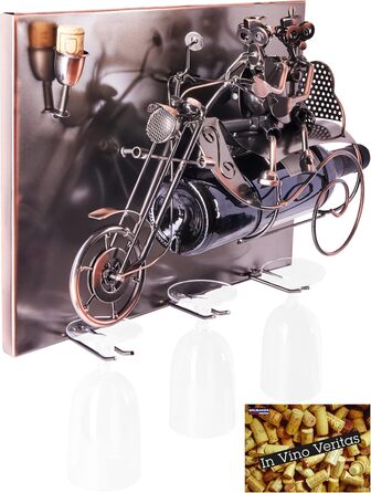 BRUBAKER Motorcycle Wine Bottle Holder Set - Wall Art Picture Metal - with 3 Glass Holders - including Greeting Card for Wine Gift