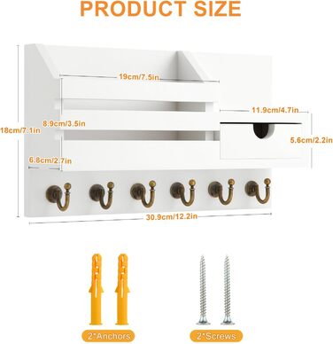 Дерев'яне ключниця з полицею та шухлядою, 6 гачків, для прихожей, офісу, на стіну (білий)