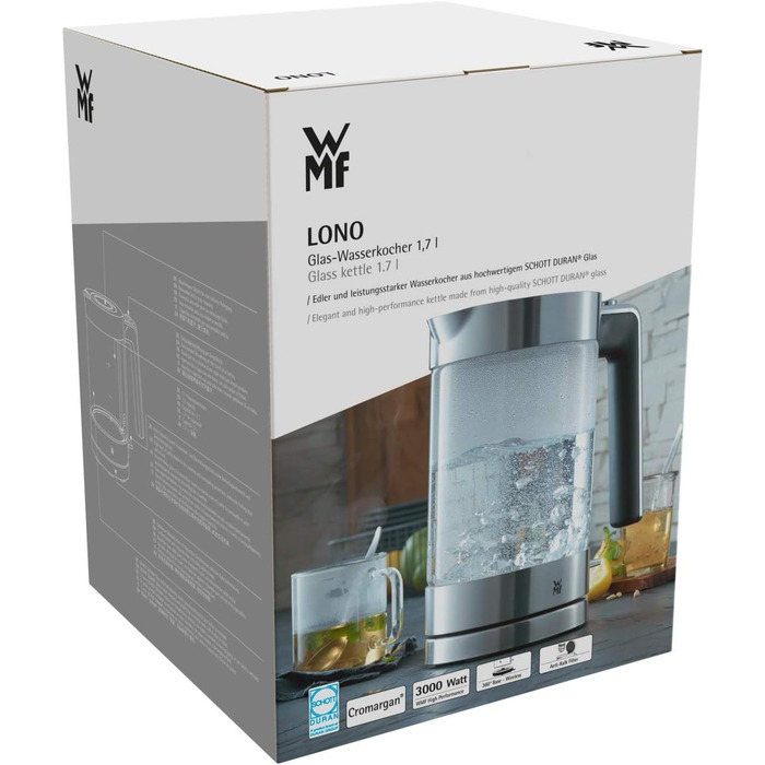 WMF Lono Glass Kettle 1.7 Liter, Glass Kettle with Scale Filter, Cordless, 3000 Watts, Matte Stainless Steel