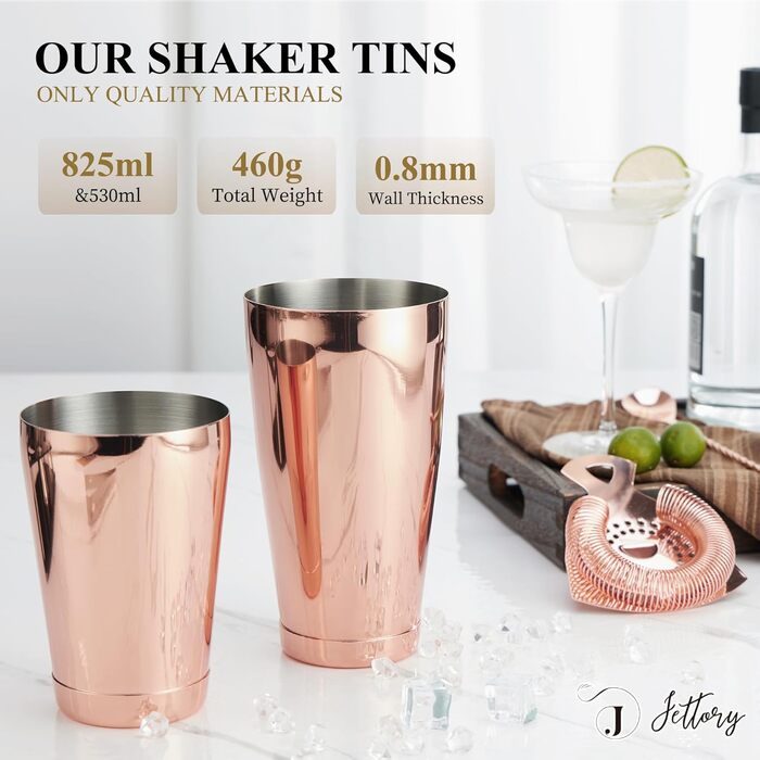 Набір шейкерів Boston - 16 предметів, нержавіюча сталь, рожеве золото, з акриловою основою, сито, щипці для льоду, барна ложка, мірний стакан, мадлер, виливач для пляшок та коктейльні шпажки