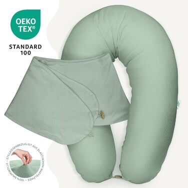 Ортопедична подушка для вагітних та годуючих Sei Design XXL з муслінової обтяжки, ергономічна, для сну на боці, комфортна для дорослих, 100% органічна бавовна (вафельна тканина м'ятного кольору, наволочка 190x30)