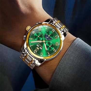 Чоловічий механічний годинник OLEVS з автопідзаводом, золотисто-сріблястий сталевий браслет, зелений циферблат, фаза місяця, водонепроникний, бізнес-клас