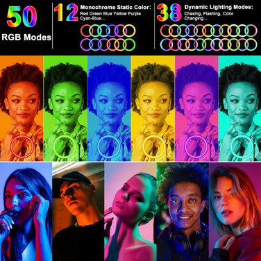 Кільцеве світло для зйомки відео 13 дюймів з штативом, 50 RGB режимів, регулювання яскравості, 193 см для YouTube, TikTok, макіяжу та фотографії