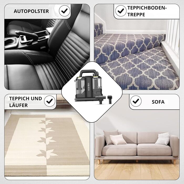 Пилгопоглинач Vonia для килимів та м'яких меблів – потужний миючий пилосос 450W з потужністю всмоктування 11 kPa, 2 насадки та шланг 1,2 м – ідеально підходить для авто, диванів, килимів та м'яких меблів (Чорний)