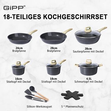Набір кухонного посуду GiPP 18 предметів: каструлі, сковорідки, сочевички з антипригарним покриттям, сірий