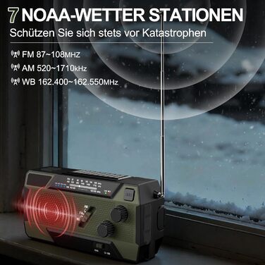 Радіо-кринка Notfall Weltempfänger 4000 mAh (14800 mWh) з 3 кабелями. Радіо для надзвичайних ситуацій з ручкою та сонячною панеллю, живлення від акумулятора, AM/FM/WB, SOS-сигнал, ліхтарик для надзвичайного спорядження Green