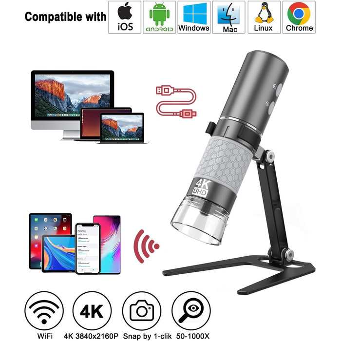 Цифровий мікроскоп Jiusion WiFi USB з підключенням до iPhone, iPad, Android, Mac, Windows, Linux, Chrome, 50-1000x збільшення, 4K камера, 8 LED, металевий штатив