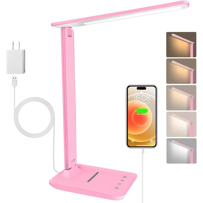 Лампа настільна LED Jumoking з регулюванням яскравості та захистом очей, 5 кольорів, 5 рівнів яскравості, USB-порт для зарядки, сенсорне керування, рожева (Pro)