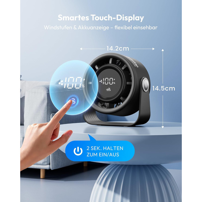 Портативний акумуляторний вентилятор Gaiatop з USB, 5 швидкостей, тиха робота, сенсорне управління, 360° обертання, для дому та офісу, чорний