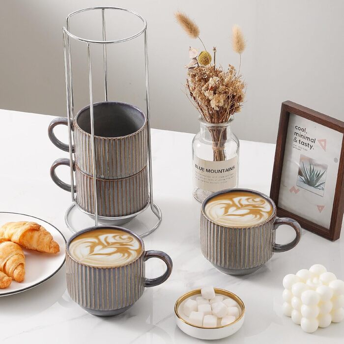 Набір кавових чашок Hasense з кераміки (4 шт.) з підставкою, 425 мл, великі ребристі чашки для лате, капучино, чай, гарячий шоколад, мийка в посудомийній машині, коричневі