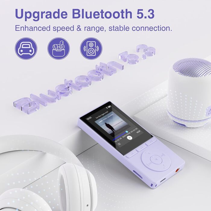 MP3 плеєр 64GB Bluetooth 5.3 з динаміком, записом голосу, E-book, HiFi звук, фіолетовий. Підтримка TF карти 128GB для спорту