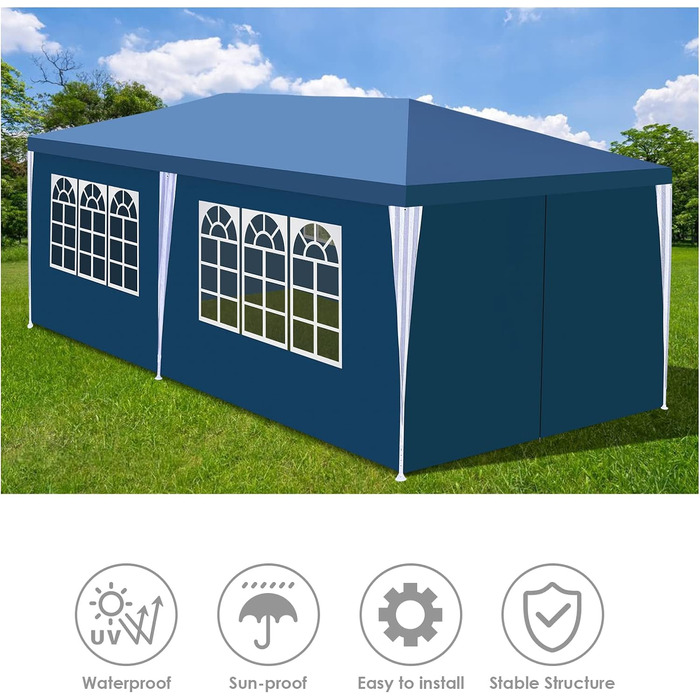 Garden Pavilion 3x6m Garden Pavilion with 6 Side Walls and Windows, Stable, UV Protection, Waterproof, Party Pavilion, Folding Gazebo, Party Tent, for Outdoor Use, Garden, Party, Wedding, Blue
