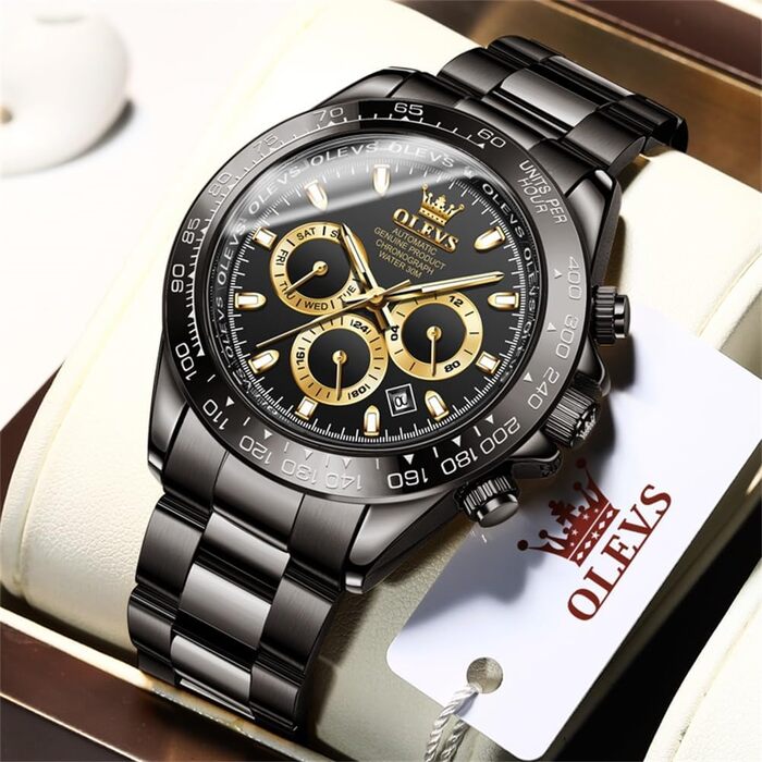 Чоловічий годинник OLEVS класичний, кварцовий, чорний зі сталевим ремінцем, водонепроникний, з датою та підсвіткою