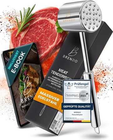 Преміум Fleischklopfer від Brendo: м'ясорубка з масивного нержавіючої сталі, двостороння, з плоскою та зубчастою поверхнею для будь-якого м'яса, + E-Book рецептів, придатна для миття в посудомийній машині, шніцельниця