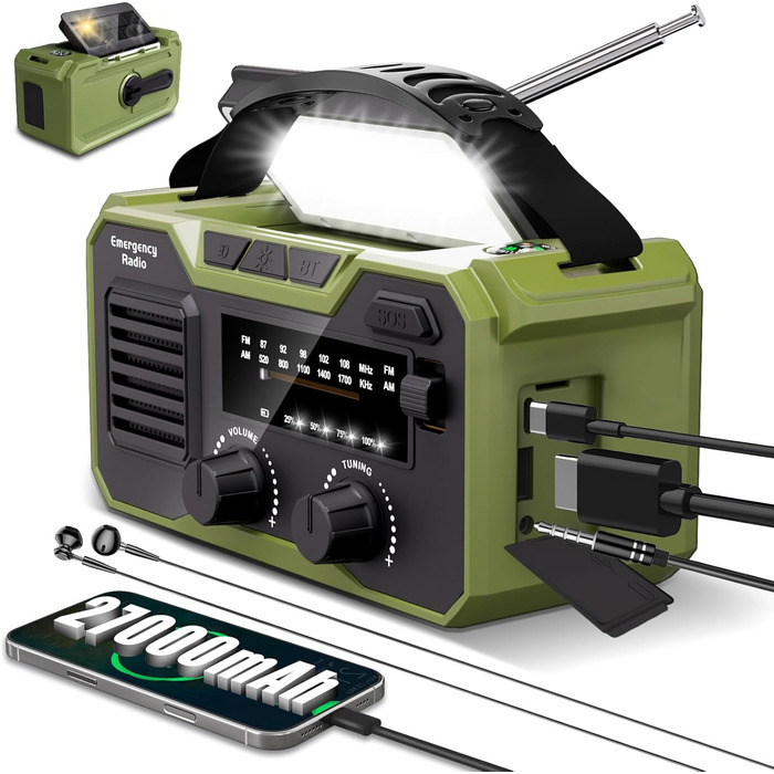 Радіоприймач Kurbelradio 27000mAh з ручним генератором, сонячною панеллю, Bluetooth 5.3, SOS-сигналом, компасом та ліхтариком. Радіо для надзвичайних ситуацій, виживання та підготовки до стихійних лих (зелене)
