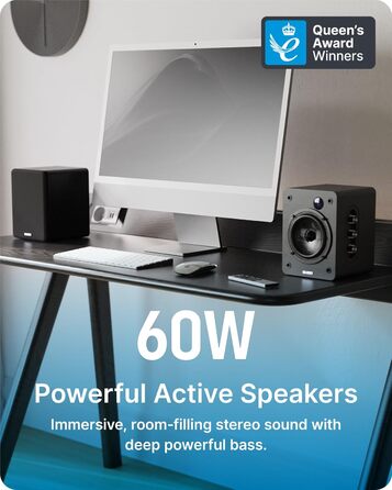 Активні колонки Majority D50X: Hi-Fi звук, Bluetooth 5.3, HDMI ARC, AUX, USB, 60W, студійний монітор з вуфером з вуглецевого волокна (Чорний)