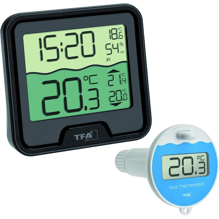 TFA Dostmann Digital Floating Pool Thermometer Marbella, 30.3066.01, floating, easy to read, for swimming pool, pond, ice bath, water temperature, including temperature water transmitter, radio clock, black