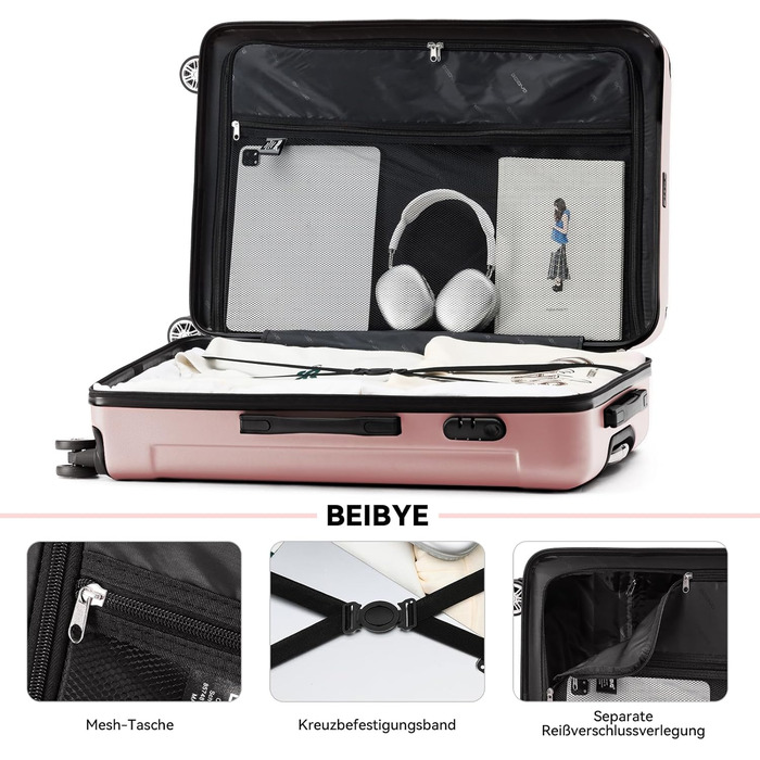 Чемодан Beibye з подвійними колесами Hardcase, XL-L-M, 14 кольорів (Розове золото), ручна поклажа (55 см)