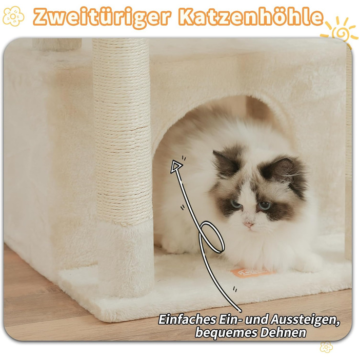 Котячий будиночок Heybly HCT008SW (Бежевий): міцний котячий будиночок з великим м'яким кошиком, стійкими сизалевими стовпчиками та місцем для сну