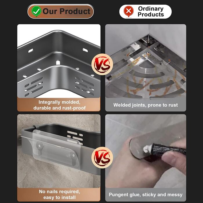 Поличка для душу без свердління, кутова, для ванної кімнати, органайзер, шафка для душу, тримач для шампуню, 2 гачки, темно-сірий