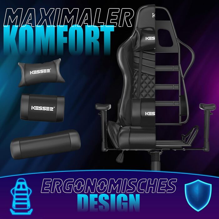 Ігрове крісло KESSER Ergonomisch з підголівником та подушкою під поперек, чорне