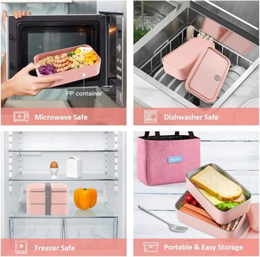 HOLIPOT Ланчбокс Bento Box з роздільниками, 2 рівні, з нержавіючої сталі та PP, з виделкою-ложкою, сумка, для дітей та дорослих (Рожевий)