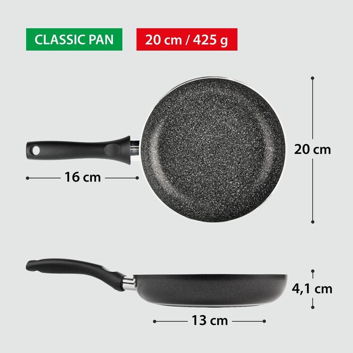 Сковорода антипригарна GadHome Classic 20 см, чорна | Для індукційних плит | Алюмінієва сковорода з ергономічною ручкою | Без PFOA для здорового приготування | Можна мити в посудомийній машині