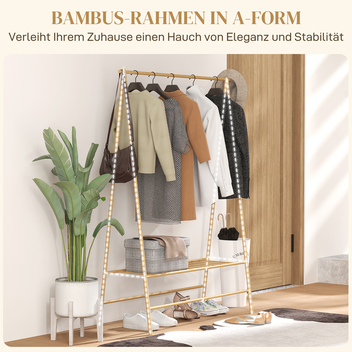 HOMCOM Bamboo Wardrobe Rack, Clothes Rack with Shelves and Hooks, Clothes Rail, for Entrance Hall, Living Room, Bedroom, 116 x 43.5 x 160 cm, Natural Wood | Aosom