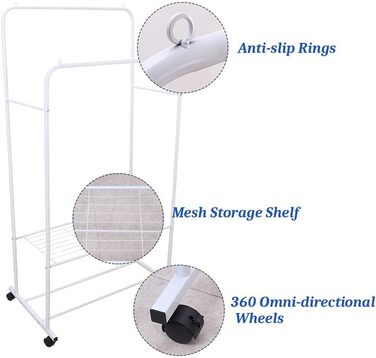 Rolling Clothes Rack, Metal Garment Rack with 2 Shelves, 2 Clothes Rods, for Shop Bedroom Dressing Room, White