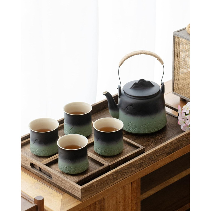 ZENS Design Japanese Teapot, 1000ml Gradient Embossed Japanese Teapot Ceramic with Built-in Strainer and Hemp Rope Handle for Loose Tea Steeper, Gift for Tea Lovers, Black & Bean Green (Black & Bean Green, 1000ml Teapot & 4 of 200ml Cups)