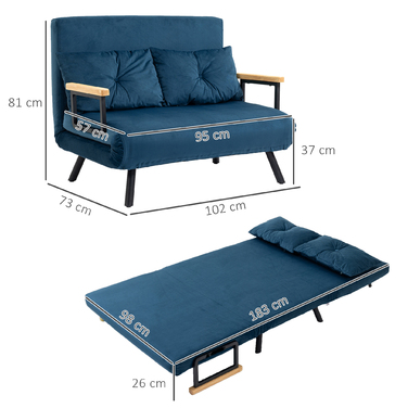 HOMCOM Sleeper Sofa Recliner with Bed Function, Convertible Sofa Bed in Velvet, Adjustable Backrest, Blue 102x73x81cm, ideal for guest rooms