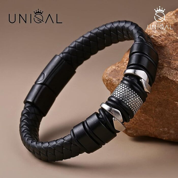 Чоловічий шкіряний браслет UNIQAL 'Premium Style' Mamba Black 23 см з нержавіючої сталі + Подарункова коробка