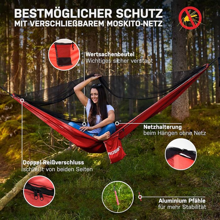 Hammock Outdoor with Mosquito Net for 2 People | 660 lbs (300kg) Weight Capacity | Double Hammock with Attachment Set | Nylon Camping Travel Hammock | 114.2 x 55.1 inches (290x140cm) (Red)